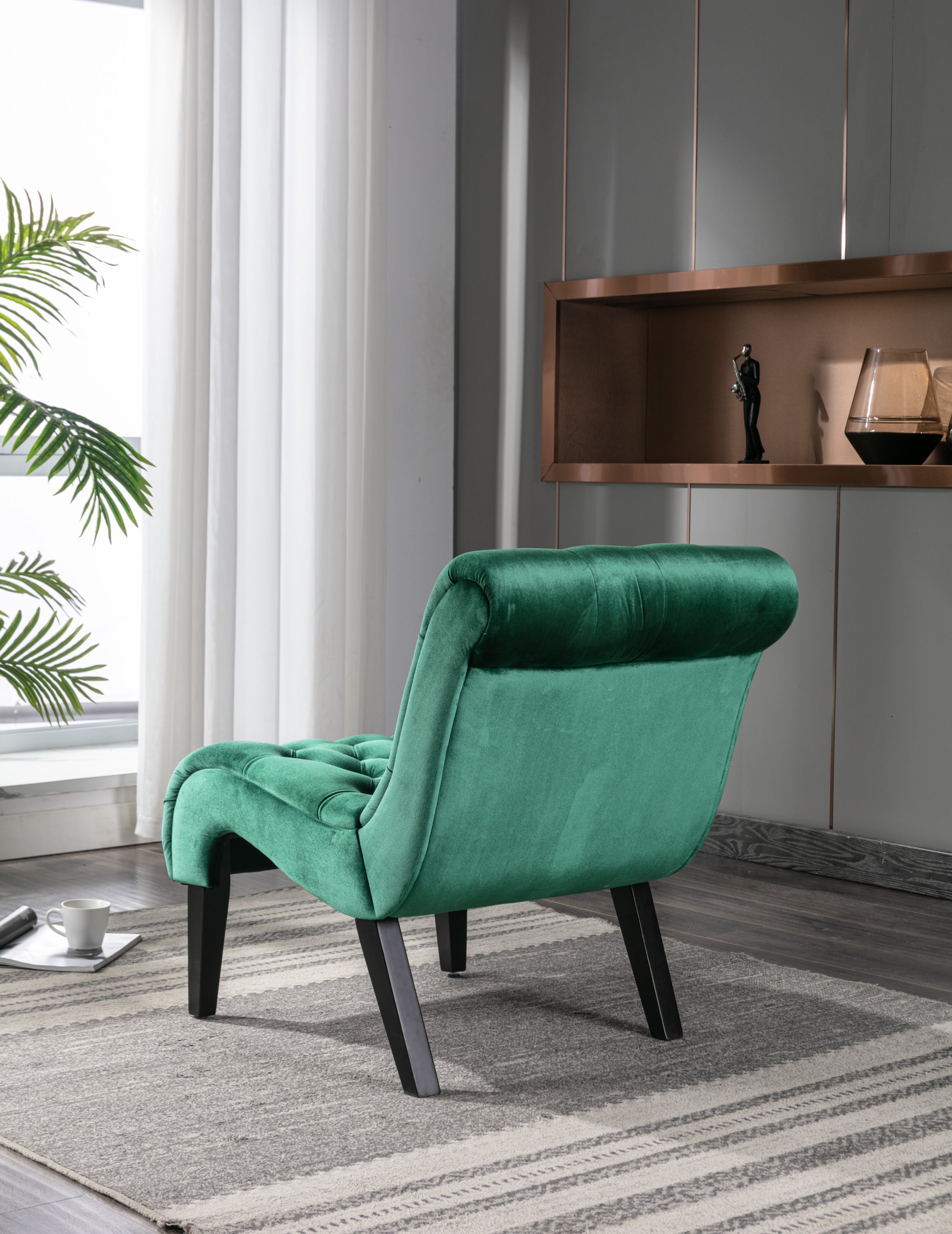 COOLMORE Modern Velvet Armless Accent Living Room Chair / Leisure Chair,Upholstered Fabric Button Comfortable Chair with Wooden Legs for Bedroom, Living Room, Office (Green Velvet)