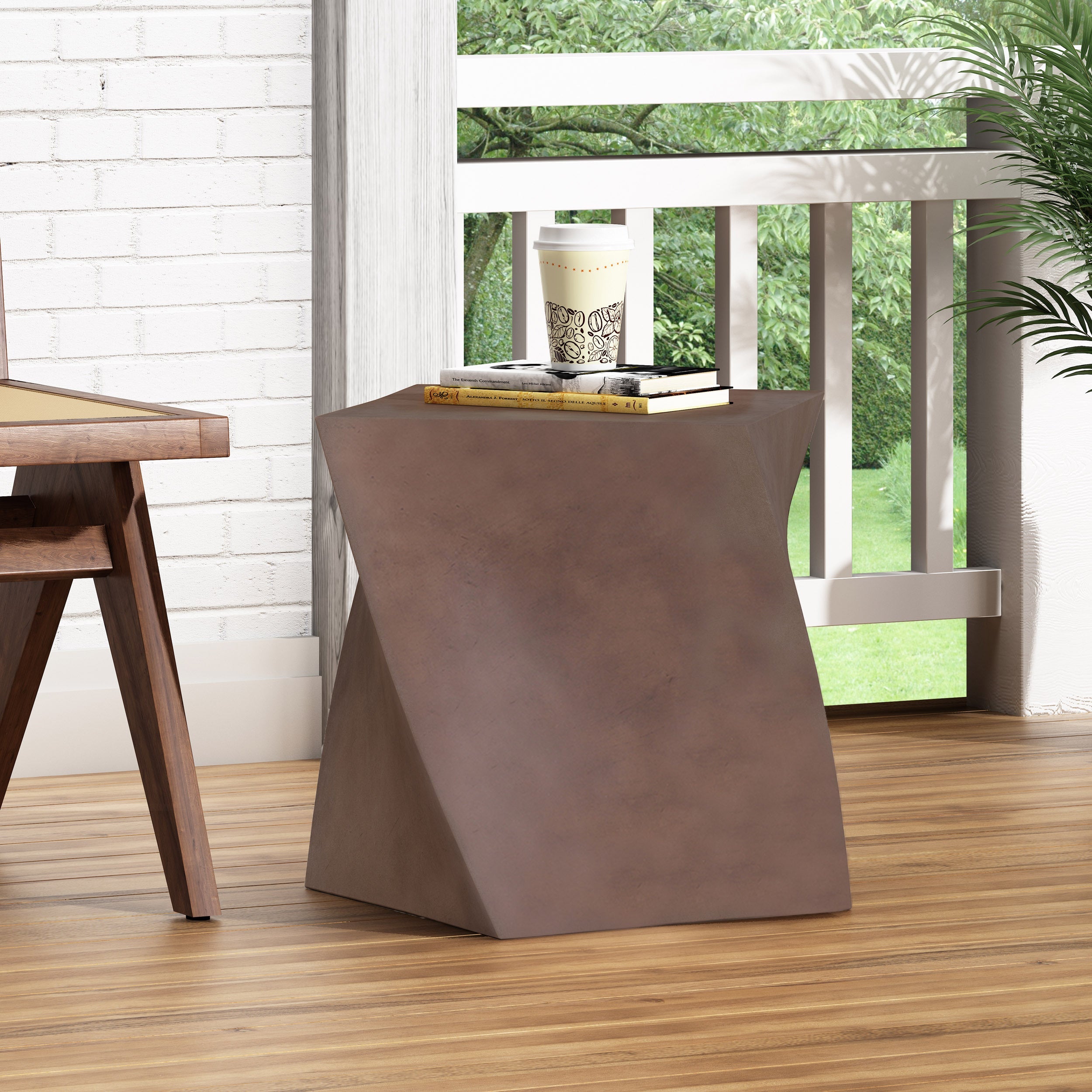 Modern Outdoor Lightweight Concrete Side Table with Abstract Design in Brown Magnesium Oxide, 21 x 21 x 18 Inches