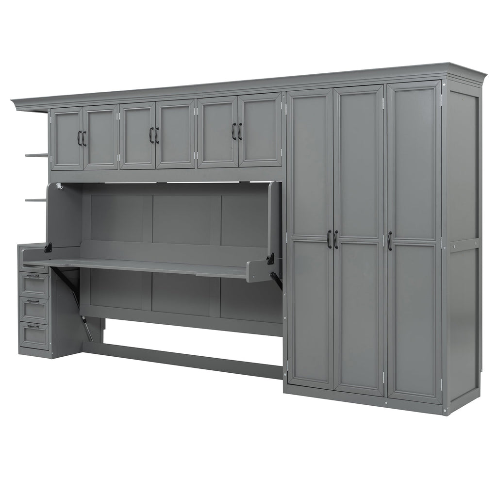 Twin Size Murphy Bed Wall Bed with Wardrobe, Cabinet and Desk, Gray