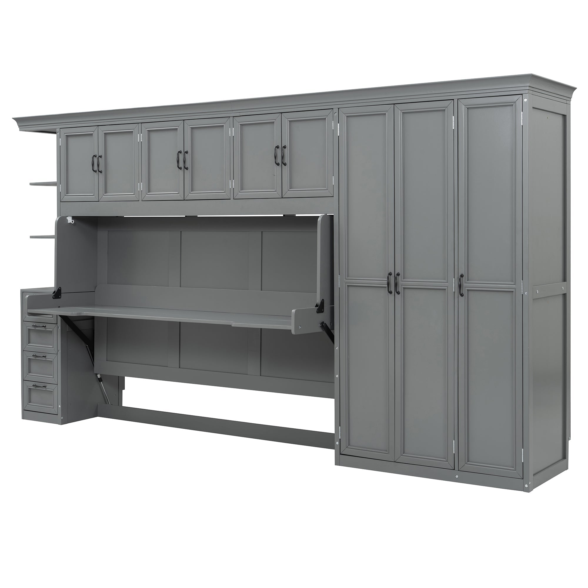 Twin Size Murphy Bed Wall Bed with Wardrobe, Cabinet and Desk, Gray