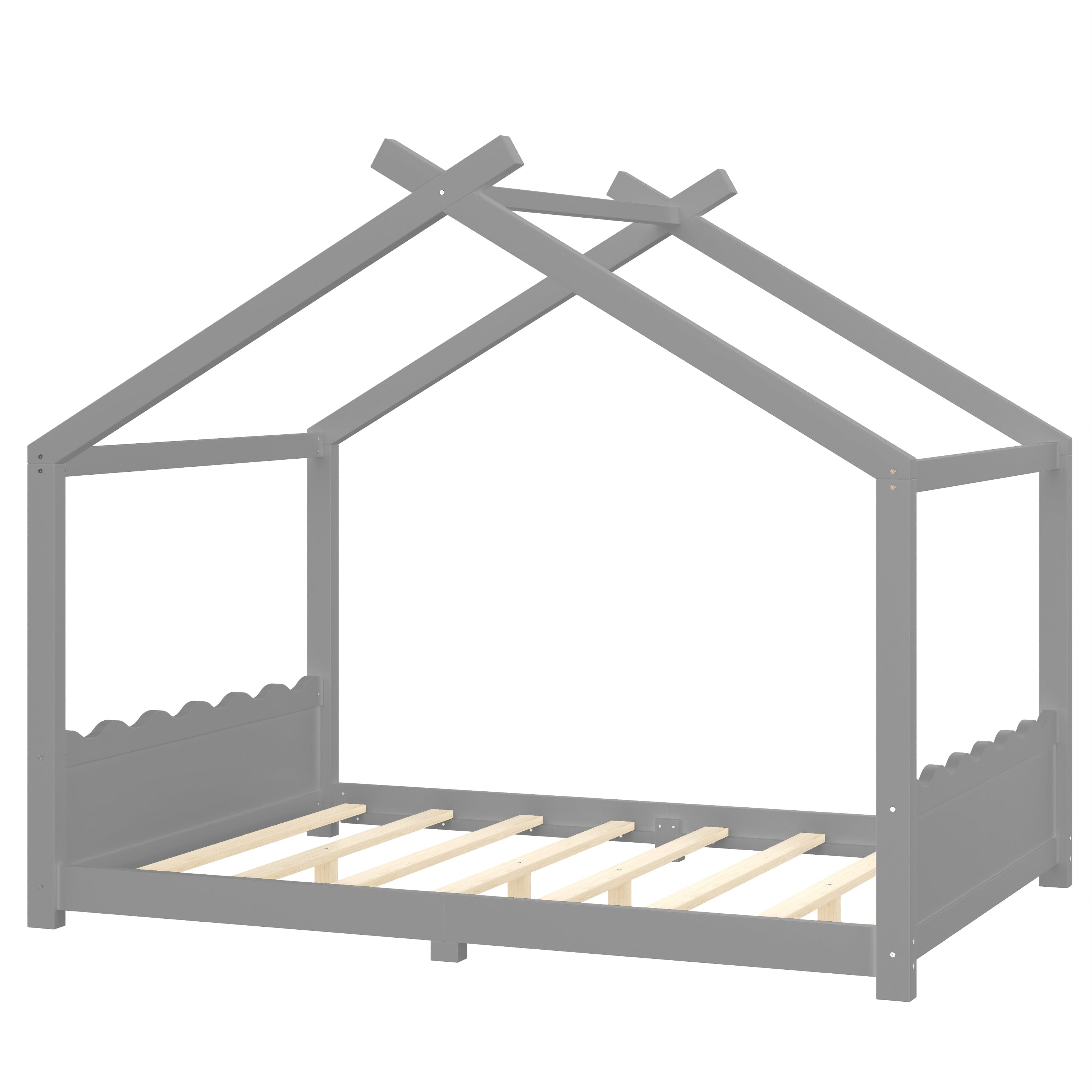 Full House Floor Bed with Support Slats, Solid Wood House Bed Frame for Kids, No Box Spring Needed and Opening Constructure, Gray