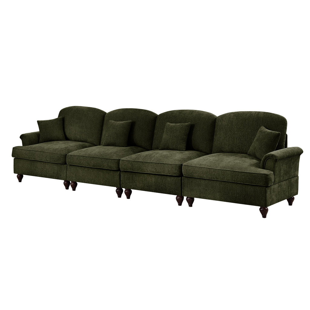Elegant Mid Century Large 4 Seater Sofa Couch with Flared Arms and Removable Ruffles Pleats Skirts and Spindle Legs, Comfy Chenille Four-Seat Sofa for Living Room, Green