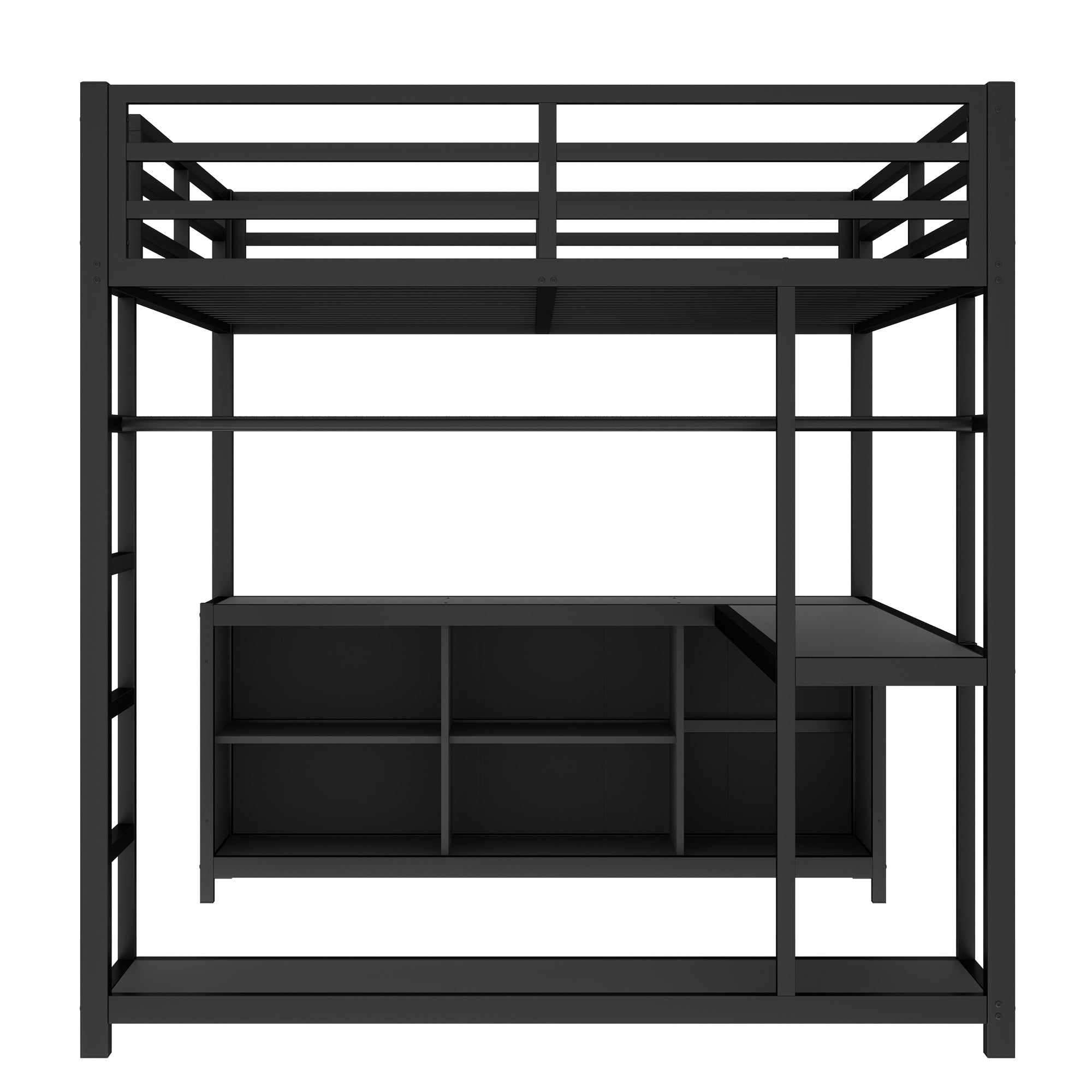 Metal Loft Bed with Wardrobe and L-shaped Desk, Queen Size Loft Bed with Storage Cubes and Shelves, Loft Bed for Kids Teens Adults, Black