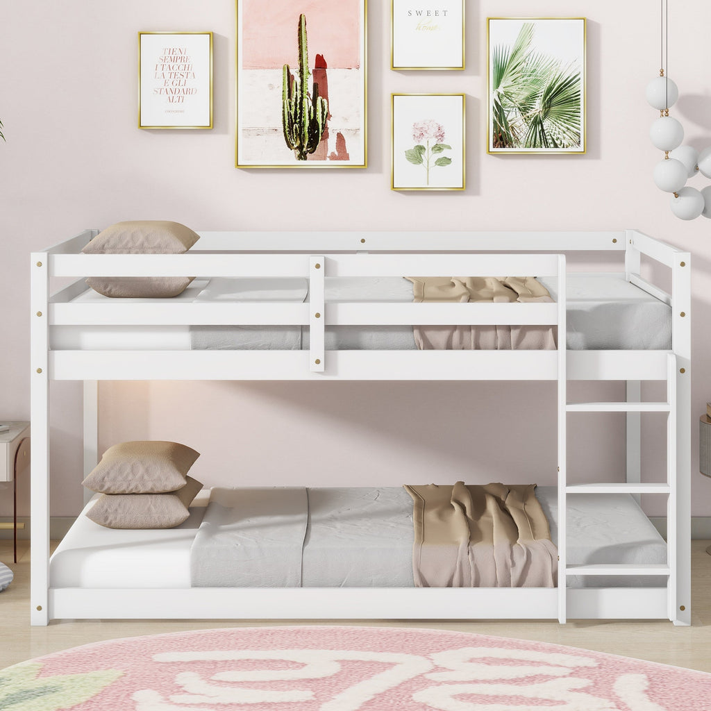 Solid Wooden, Solid Rubber Wooden Twin over Twin Floor Bunk Bed with Ladder, with Bed Platform of Strengthened Slats,White