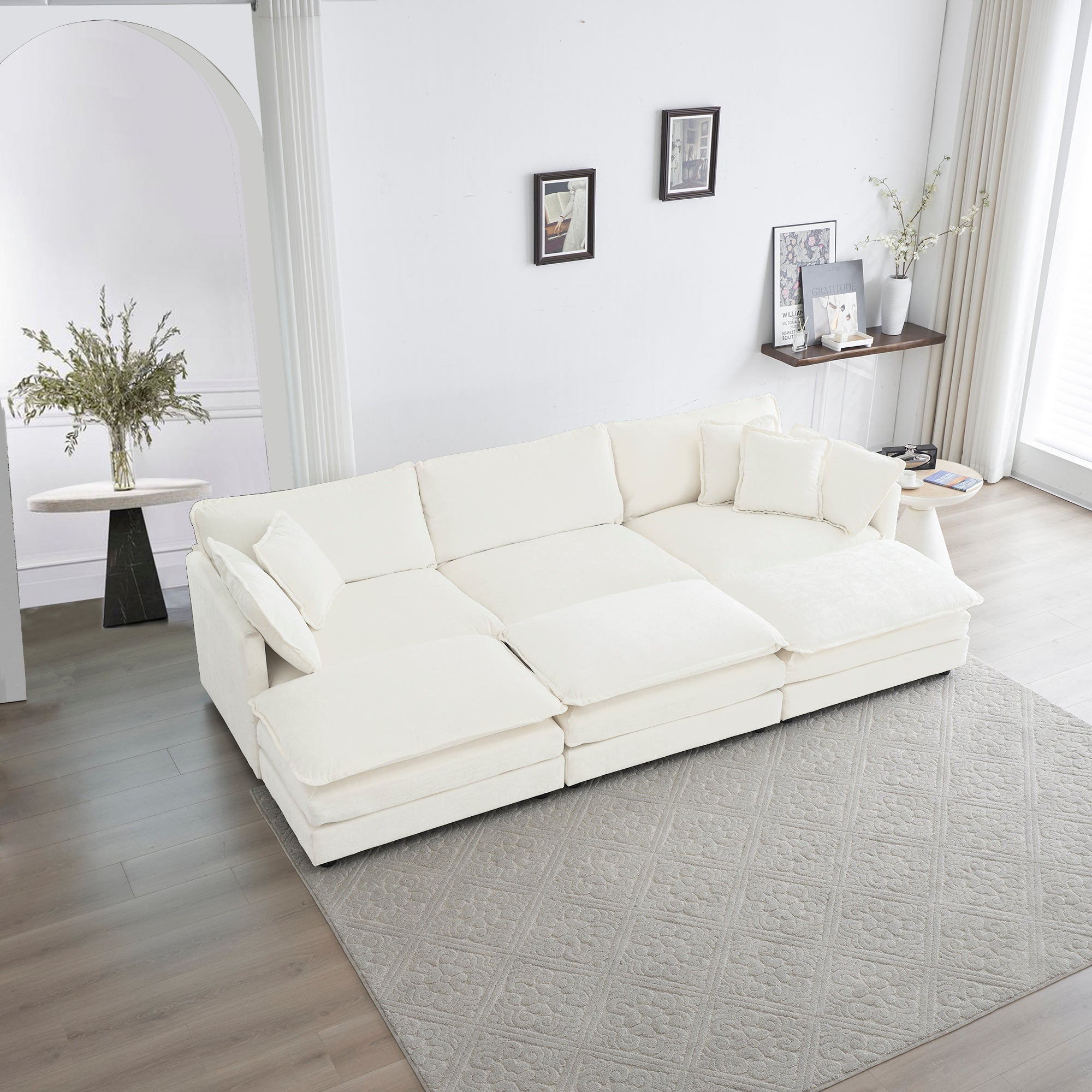 Comfortable Deep Seat Reversible Modular 6 Seater Sectional Super Soft Sofa U Shaped Sectional Couch with 3 Ottomans, 3 Toss Pillows and 2 Arm Pillows