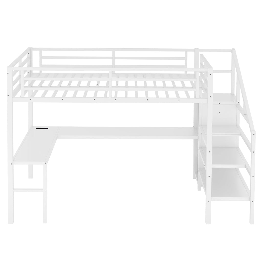 Full Size Loft Bed with L-shaped Desk and USB, Metal Loft Bed with Wardrobe and Adjustable Shelf, High Loft Bed with LED for Kids Teens Adults, White