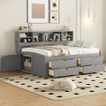 Full Size Wood Daybed with 2 Bedside Cabinets, Upper Shelves and 4 Drawers, Gray