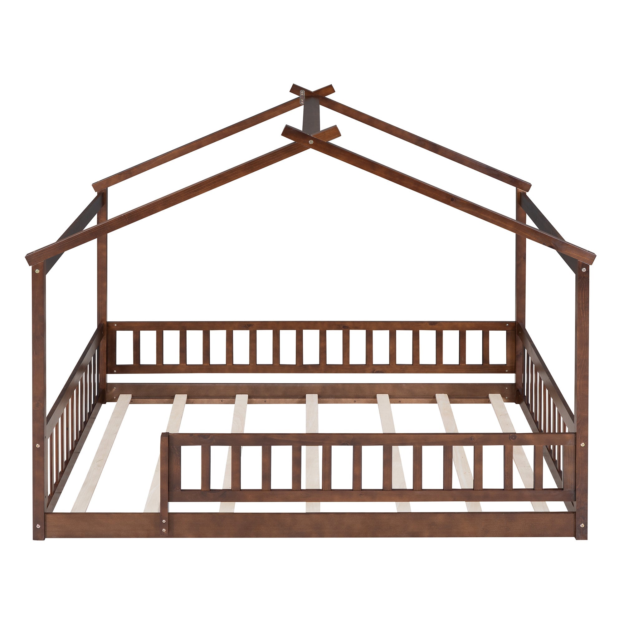 Full Size Wood Bed House Bed Frame with Fence, for Kids, Teens, Girls, Boys,Walnut