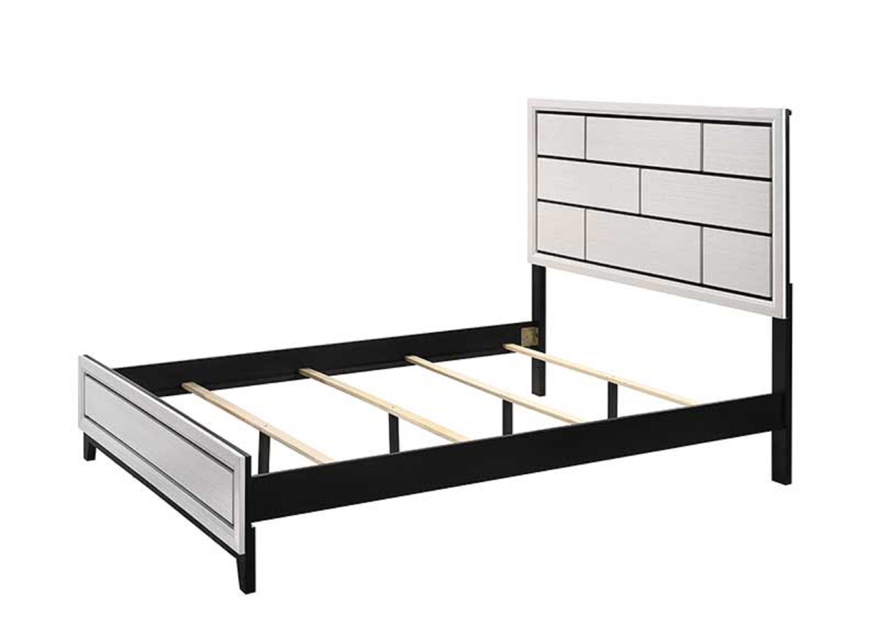Cotemporary White Finish Queen Size Panel Low-profile Bed Geometric Design Wooden Bedroom Furniture