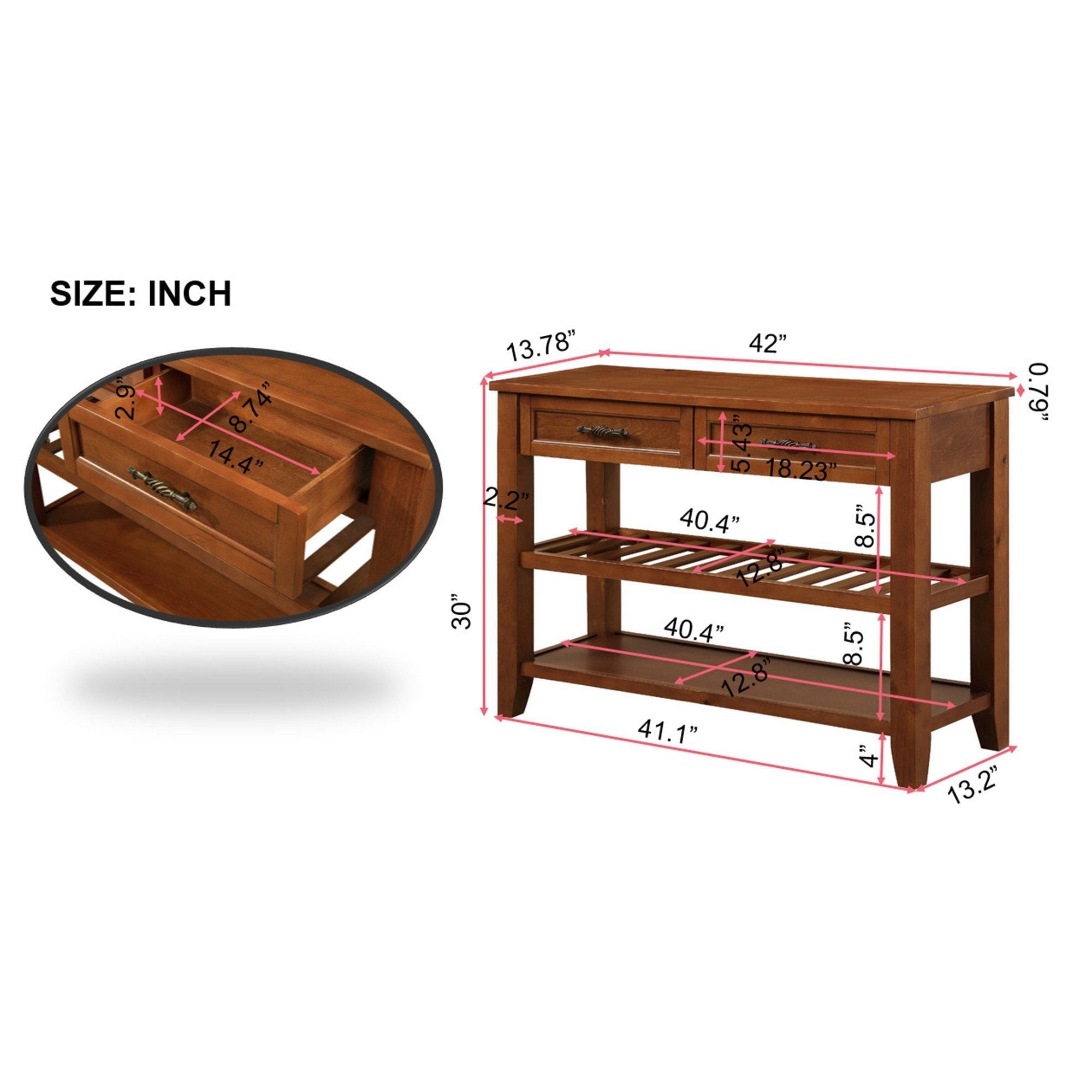 Console Sofa Table with 2 Storage Drawers and 2 Tiers Shelves, Mid-Century Style 42'' Solid Wood Buffet Sideboard for Living Room Furniture Kitchen Dining Room Entryway Hallway, Brown