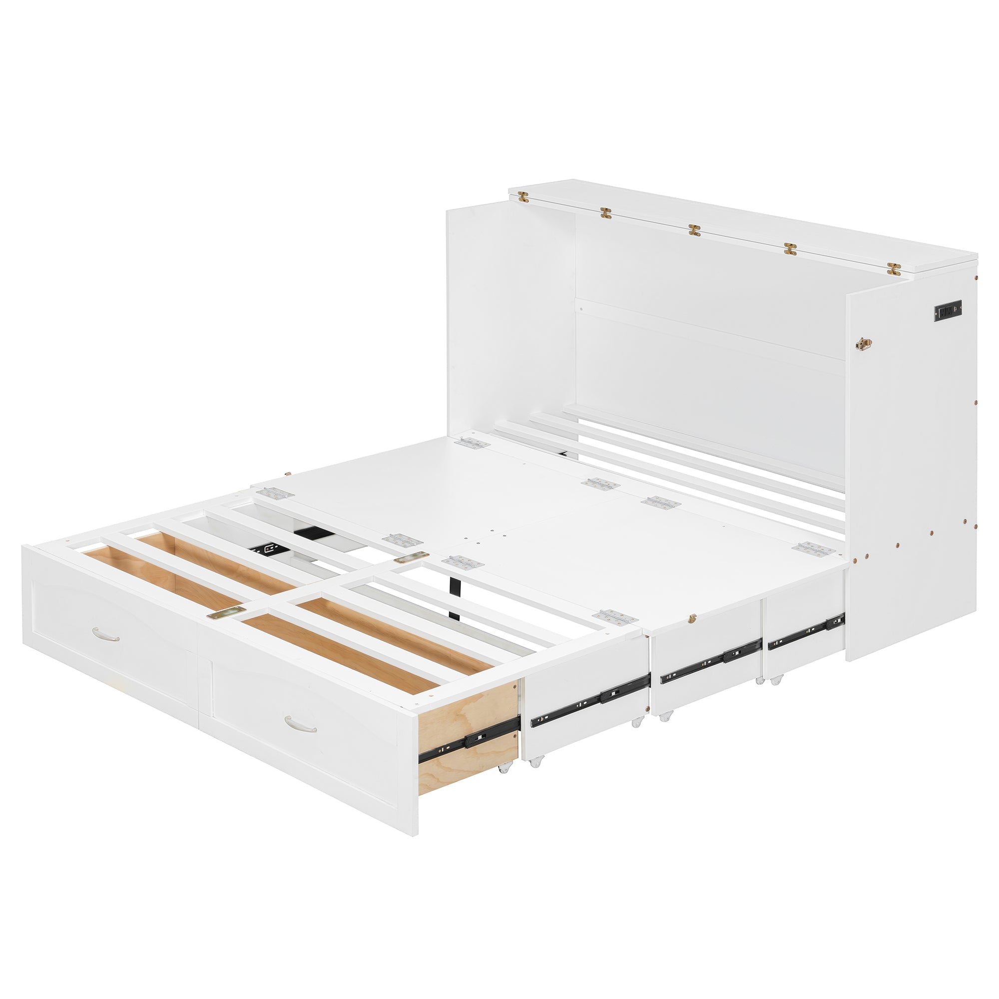 Queen Size Murphy Bed Wall Bed with drawer and a set of Sockets & USB Ports, Pulley Structure Design, White(OLD SKU: LP100671AAK)