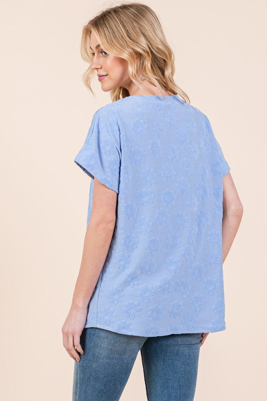 BOMBOM Textured Floral Pattern Short Sleeve T-Shirt