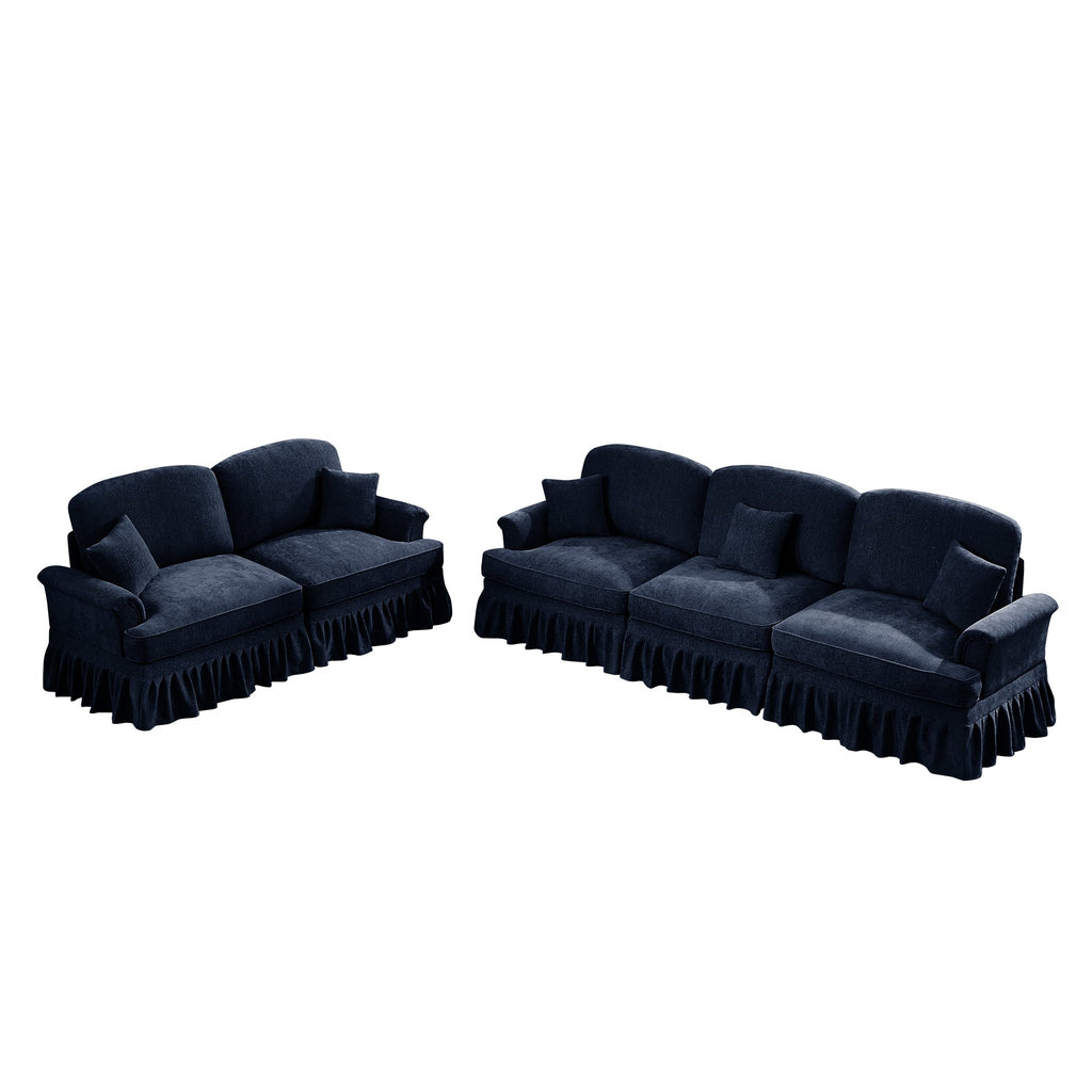 Classic 2 Piece Modular Couch Living Room Sofa Set with Flared Arms and Removable Ruffles Pleats Skirts and Spindle Legs, 3 Seater Sofa + 2-Seat Loveseat Sofa Sets for Living Room, Blue