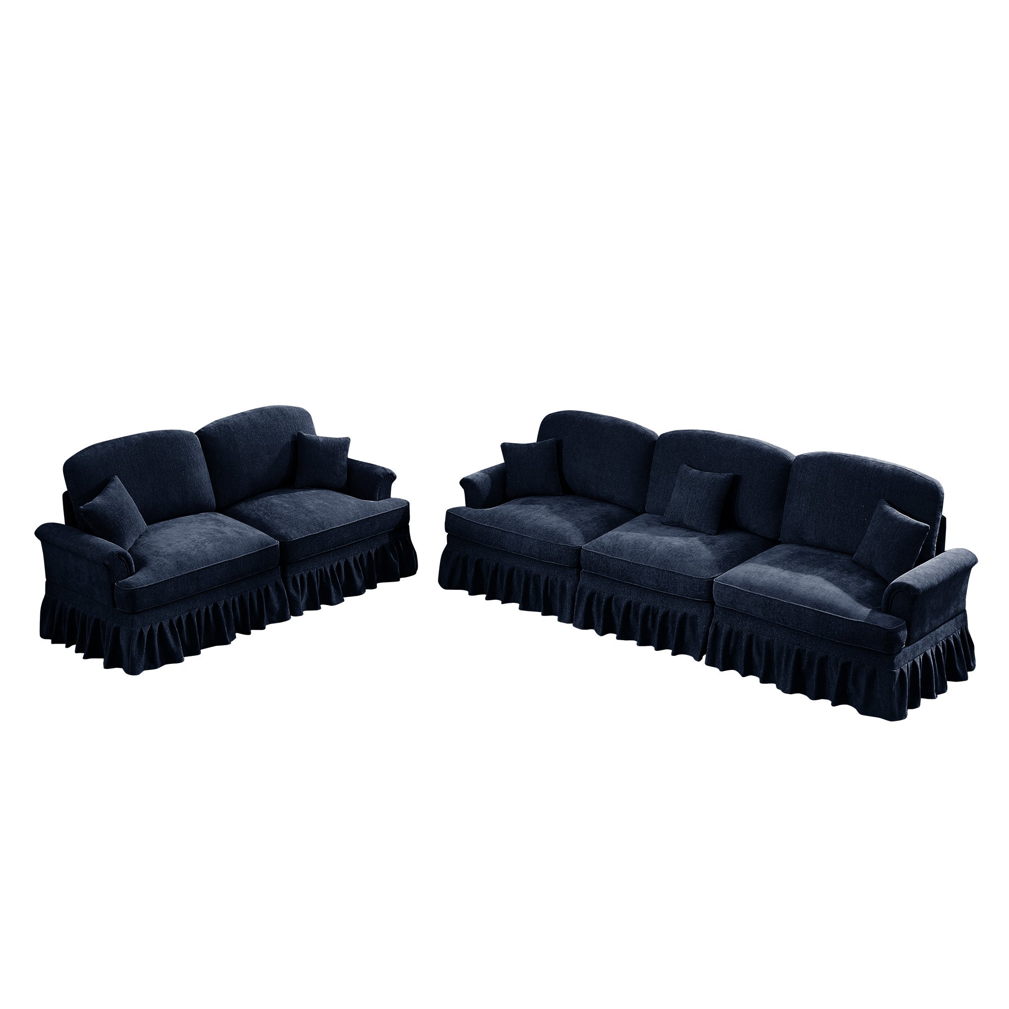 Classic 2 Piece Modular Couch Living Room Sofa Set with Flared Arms and Removable Ruffles Pleats Skirts and Spindle Legs, 3 Seater Sofa + 2-Seat Loveseat Sofa Sets for Living Room, Blue