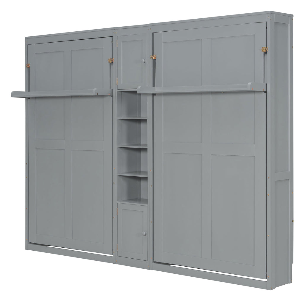Dual Twin size Wall Murphy Beds with Cabinets and Shelves, Gray