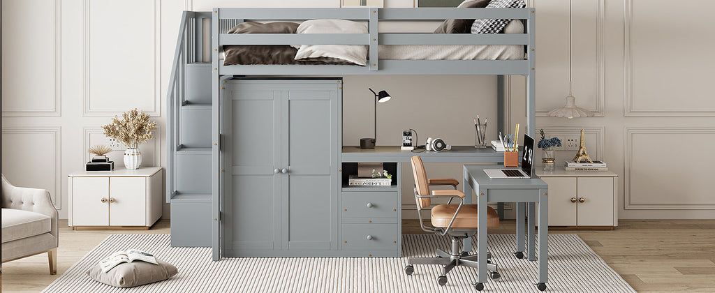Full Size Loft Bed with Stairs, Bookshelf, Drawers, Desk & Wardrobe – Space-Saving Multifunctional Furniture for Kids & Teens-Gray