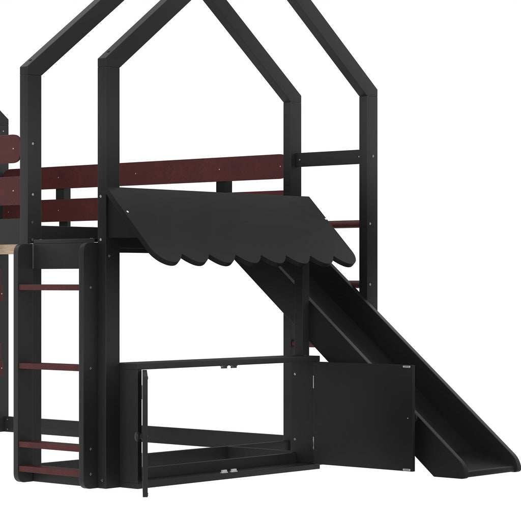 Full Size Loft Bed with Bookshelf Playful Design for Kids House-Shaped Structure with Slide High-Quality Safety Rails,Black.