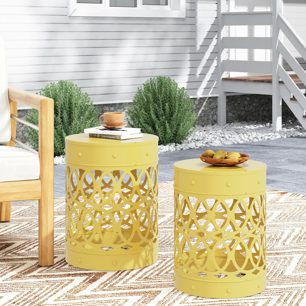 Modern Outdoor Metal End Table Set of 2 with Iron Cut Design in Yellow