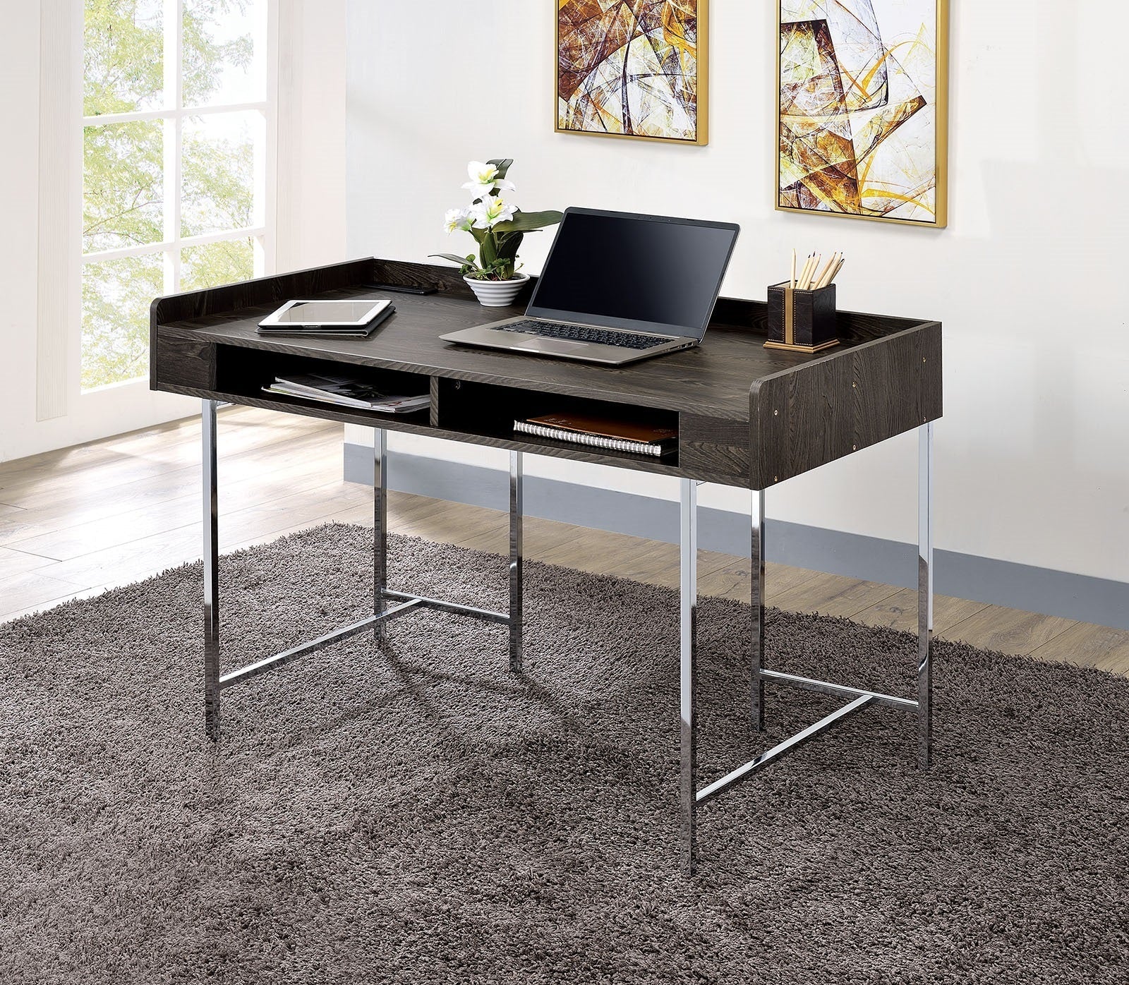 Modern Contemporary USB Supported Computer Desk With Drawer Space Providing Storage, Wood And Steel Construction