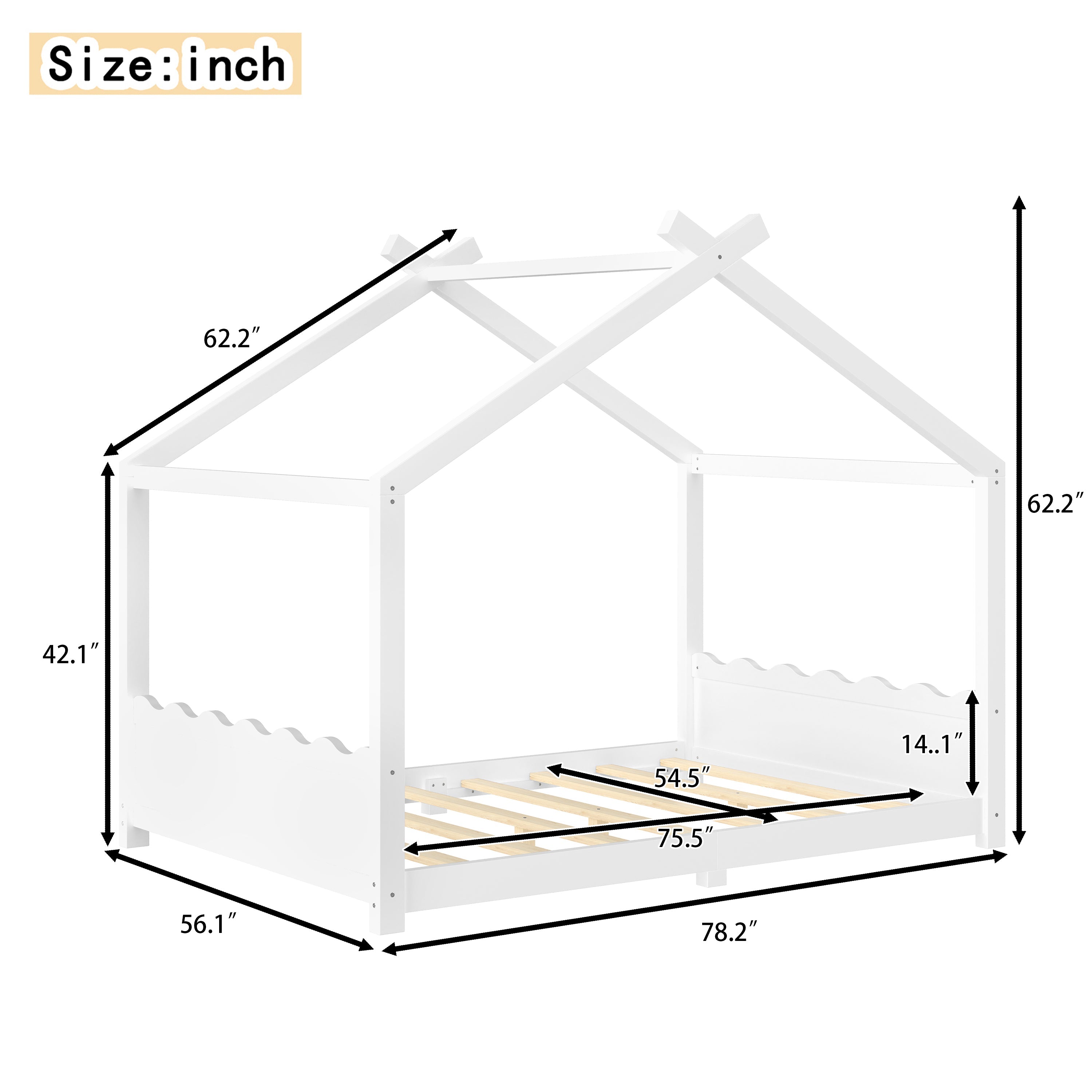 Full House Floor Bed with Support Slats, Solid Wood House Bed Frame for Kids, No Box Spring Needed and Opening Constructure, White
