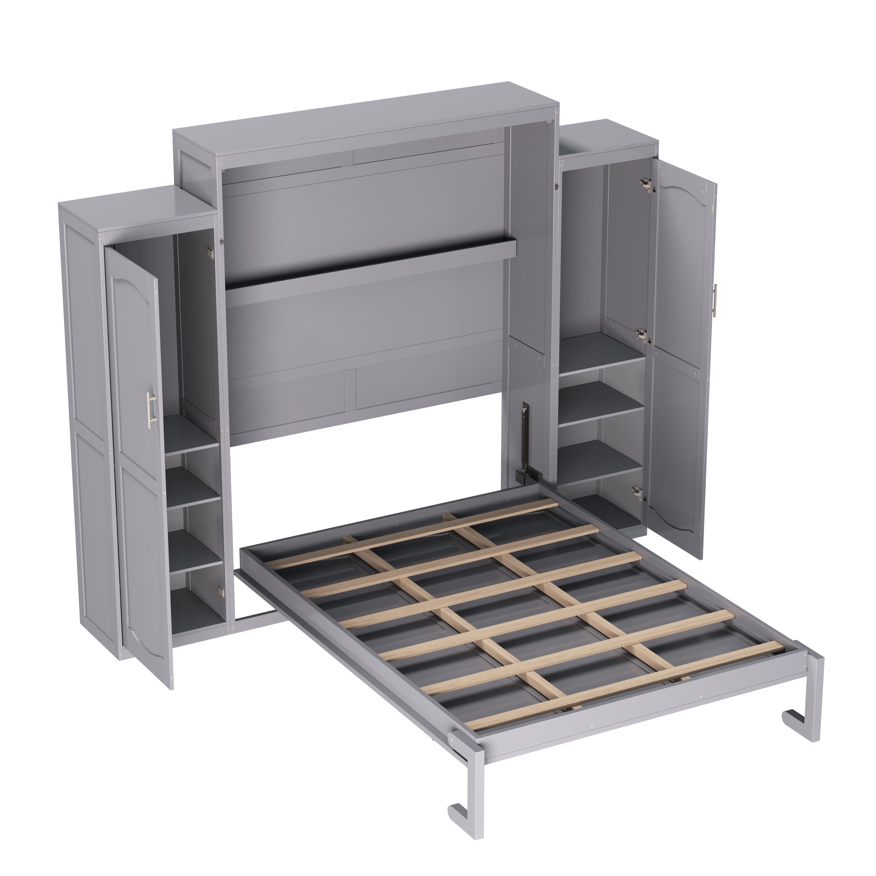 Queen Size Murphy Bed, Wooden Queen Wall Bed with 2 Wardrobe and Storage Shelf, Multifunctional Foldable Platform Bedframe for Guest-Room, Bedroom, Gray