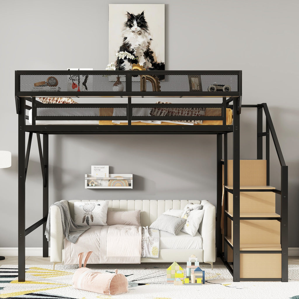 Queen Size Loft Bed with Stairs, Metal Queen Loft Bed with Storage Shelves, High Loft Bed with Wardrobe for Kids Teens Adults, Black(Old SKU W2580S00026 ) Patent Products