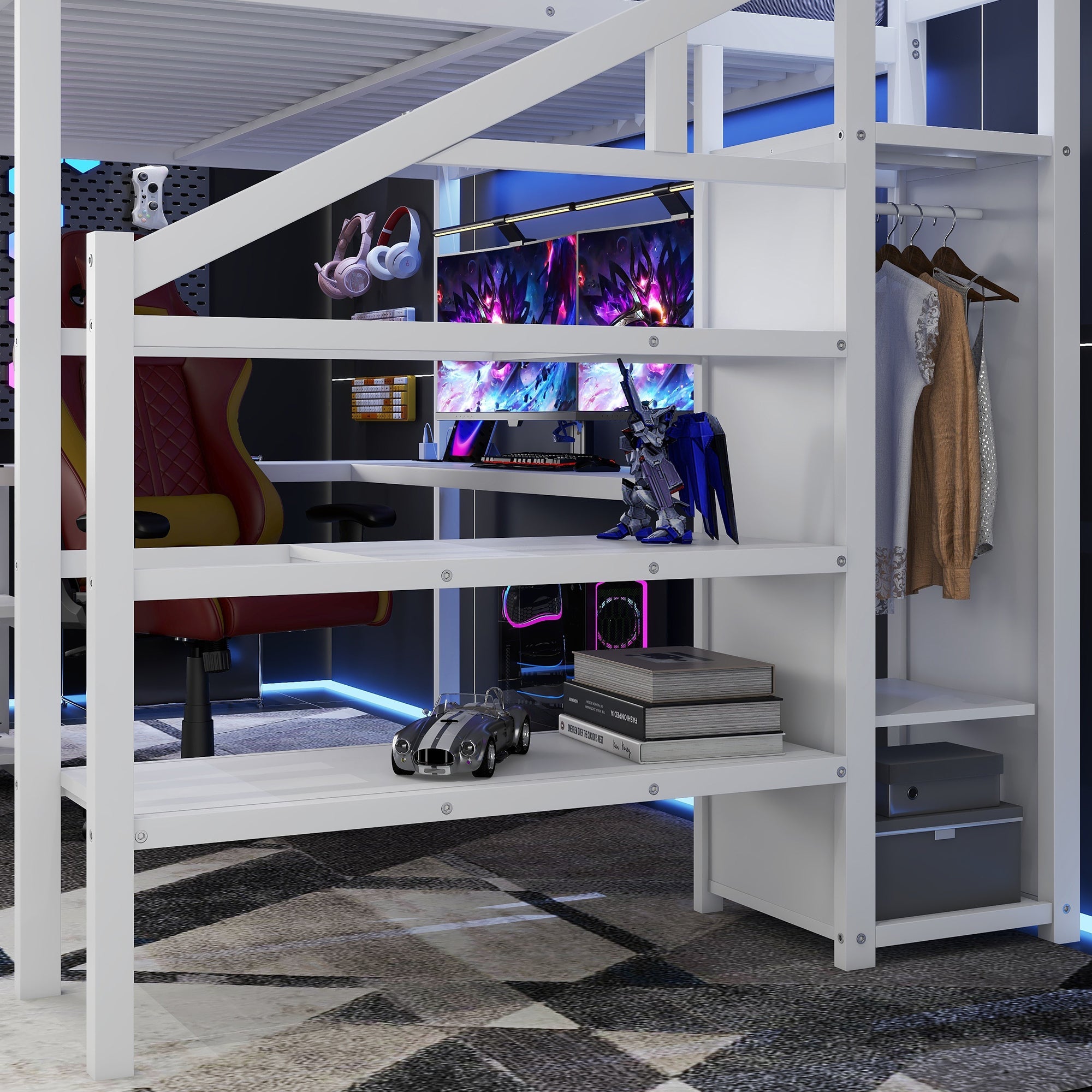 Metal Queen Loft Bed with Wardrobe and LED Light, Queen Size Loft Bed with L Shaped Desk and USB for Kids Teens Adults, White