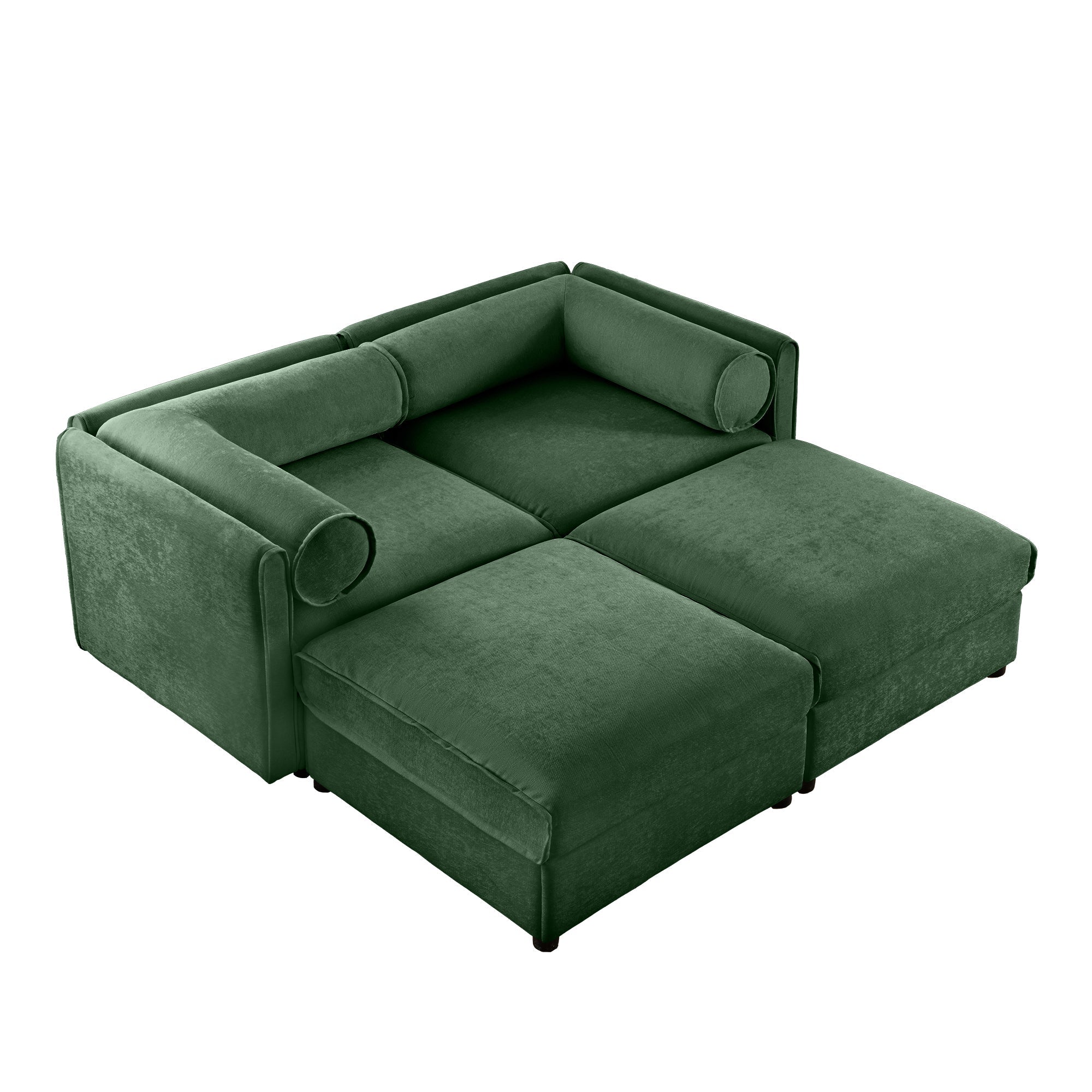 Stylish Green Chenille 2-Seater Sofa with 2 Ottoman Storage Seat, Cylindrical Backrest and Armrests, Modern Fabric Loveseat Featuring Hidden Storage Space