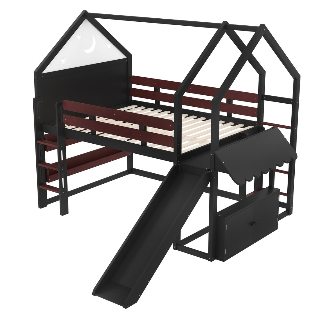 Full Size Loft Bed with Bookshelf Playful Design for Kids House-Shaped Structure with Slide High-Quality Safety Rails,Black.