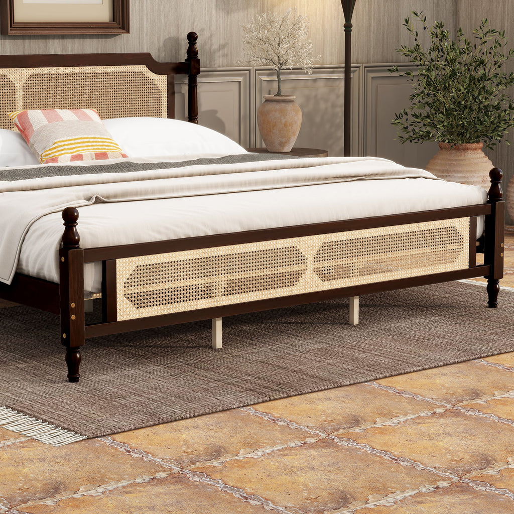 King Pine wooden Bed with Rattan Headboard  and Footboard, with  Central Enhanced Bed Platform ,Espresso