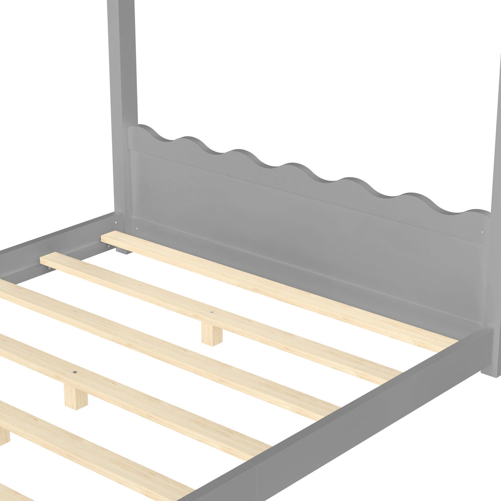 Full House Floor Bed with Support Slats, Solid Wood House Bed Frame for Kids, No Box Spring Needed and Opening Constructure, Gray