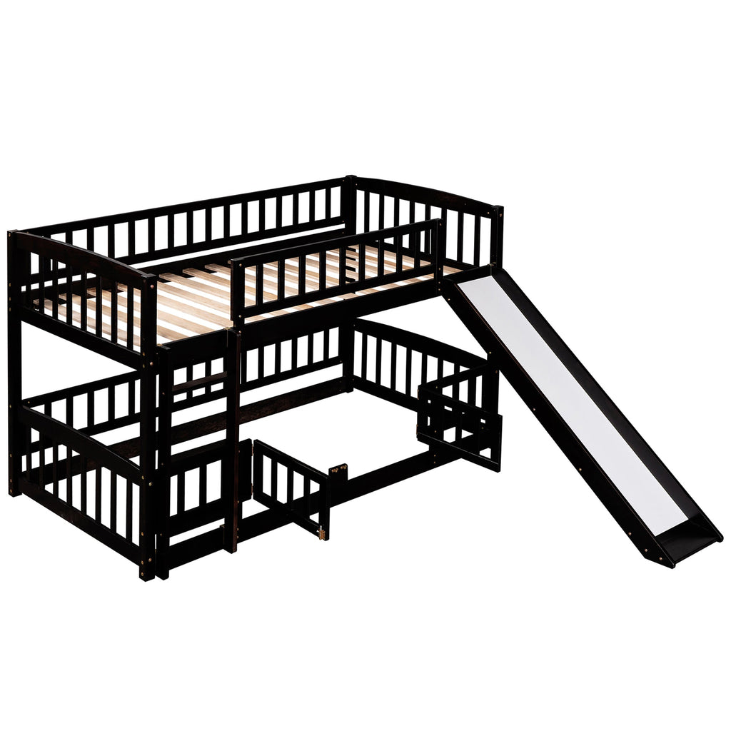 Bunk Bed with Slide,Twin Over Twin Low Bunk Bed with Fence and Ladder for Kids Teens Espresso
