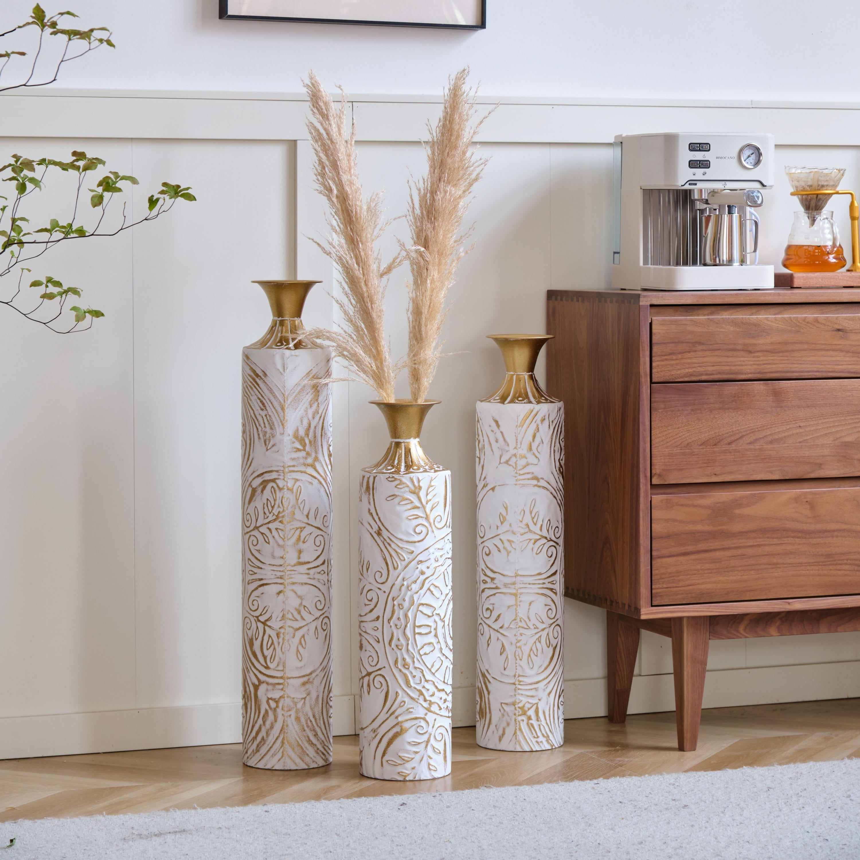 Floor Metal Vases Decorated White Metal Vases Set of 3 Gorgeous Home Decoration Large Glazed Metal Vases 24in/28.7in/33.5in Height