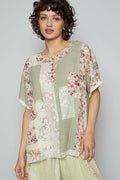 POL Lace Round Neck Short Sleeve Floral Pattern Top with Patch Detail