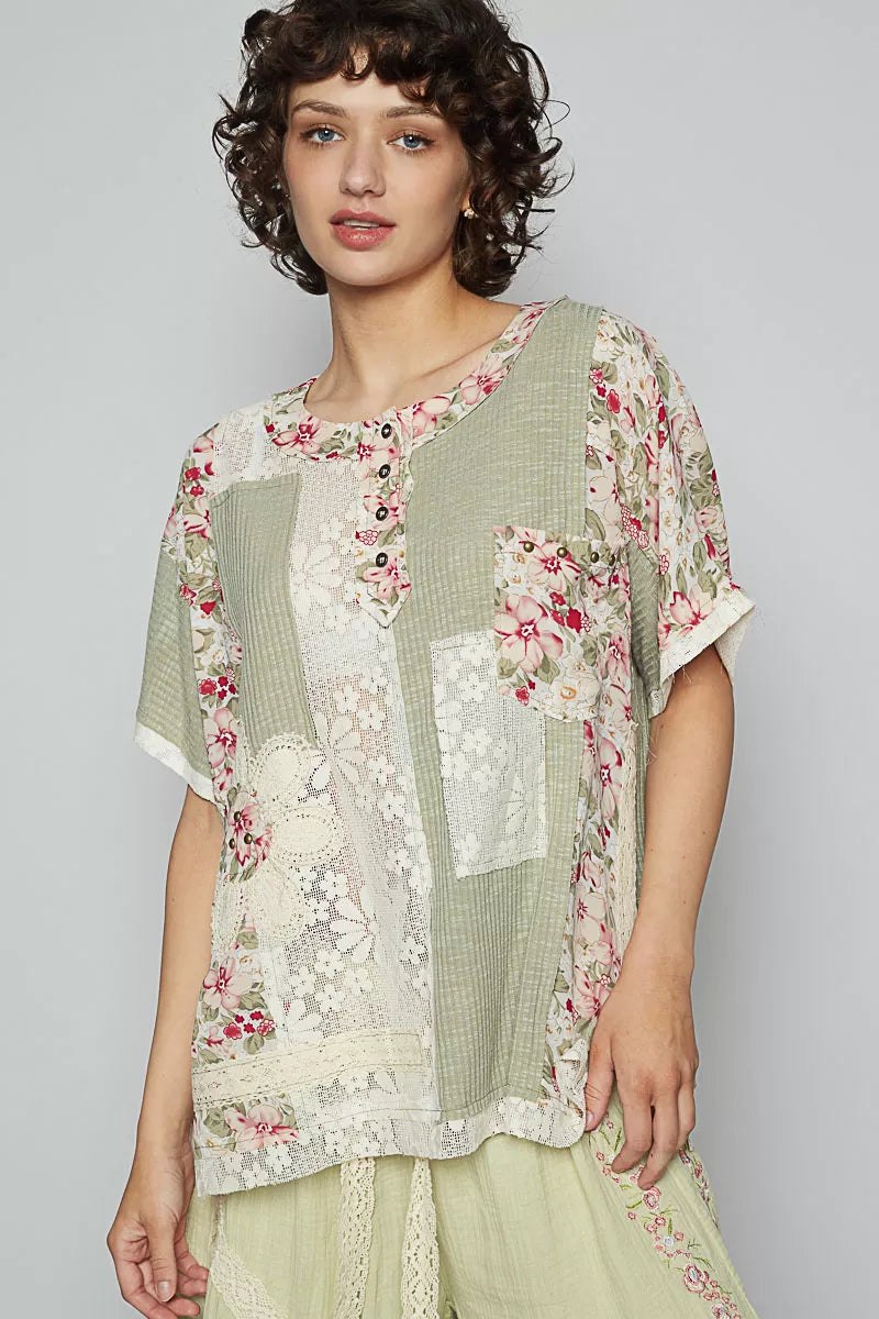 POL Lace Round Neck Short Sleeve Floral Pattern Top with Patch Detail