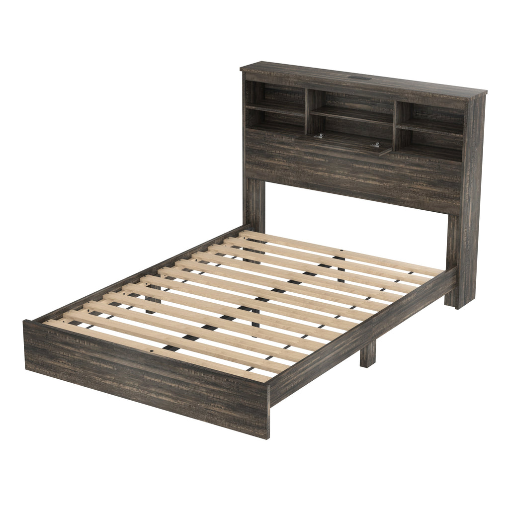 4PCS Bedroom Sets, Wooden Queen Size Bed Frame with Storage Headboard and Charging Station, 2 Nightstands with 2 Drawers, 1 Dresser with 5 Drawers, Antique Gray