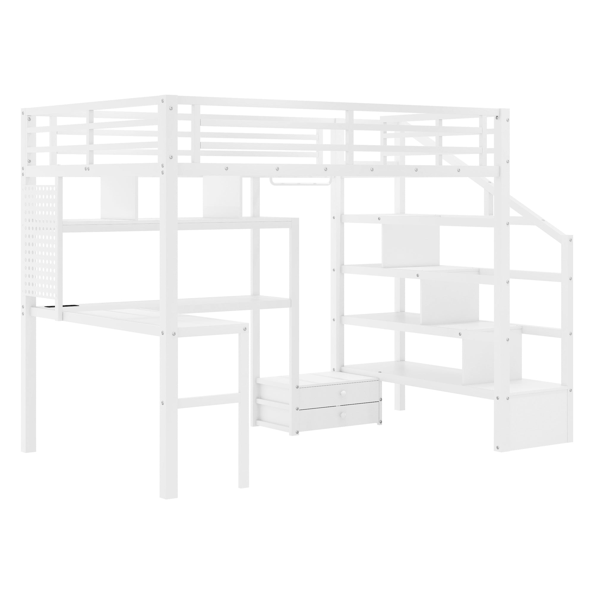 Full Size Loft Bed with LED Light & Charge Station, Metal Loft Bed with Desk and Staircase, Loft bed with Wardrobe for Kids, White (Expect Arrival Date 2025/4/30)