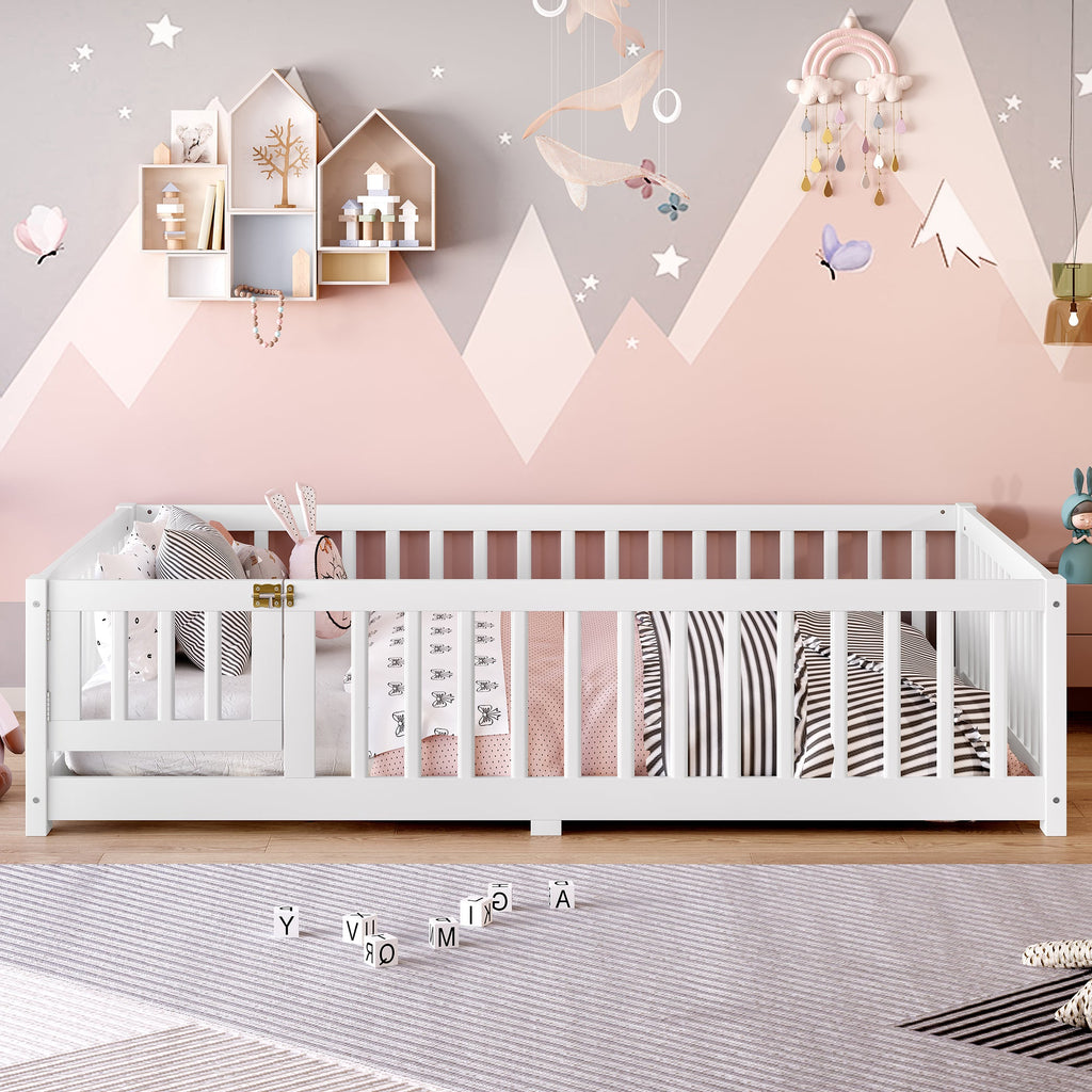 Full Size Bed Floor Bed with Safety Guardrails and Door for Kids, White(Old SKU: W1580P154625)