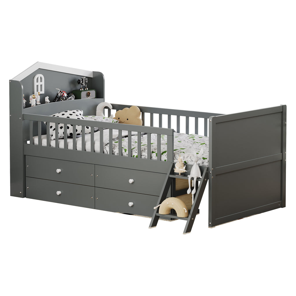 Twin Bed Frame with Storage 4 Drawers,Wooden Bed Frame for Kids,Platform Twin Size Bed with Guardrail Headboard and Ladder, No Box Spring Needed, Easy Assembly, Gray