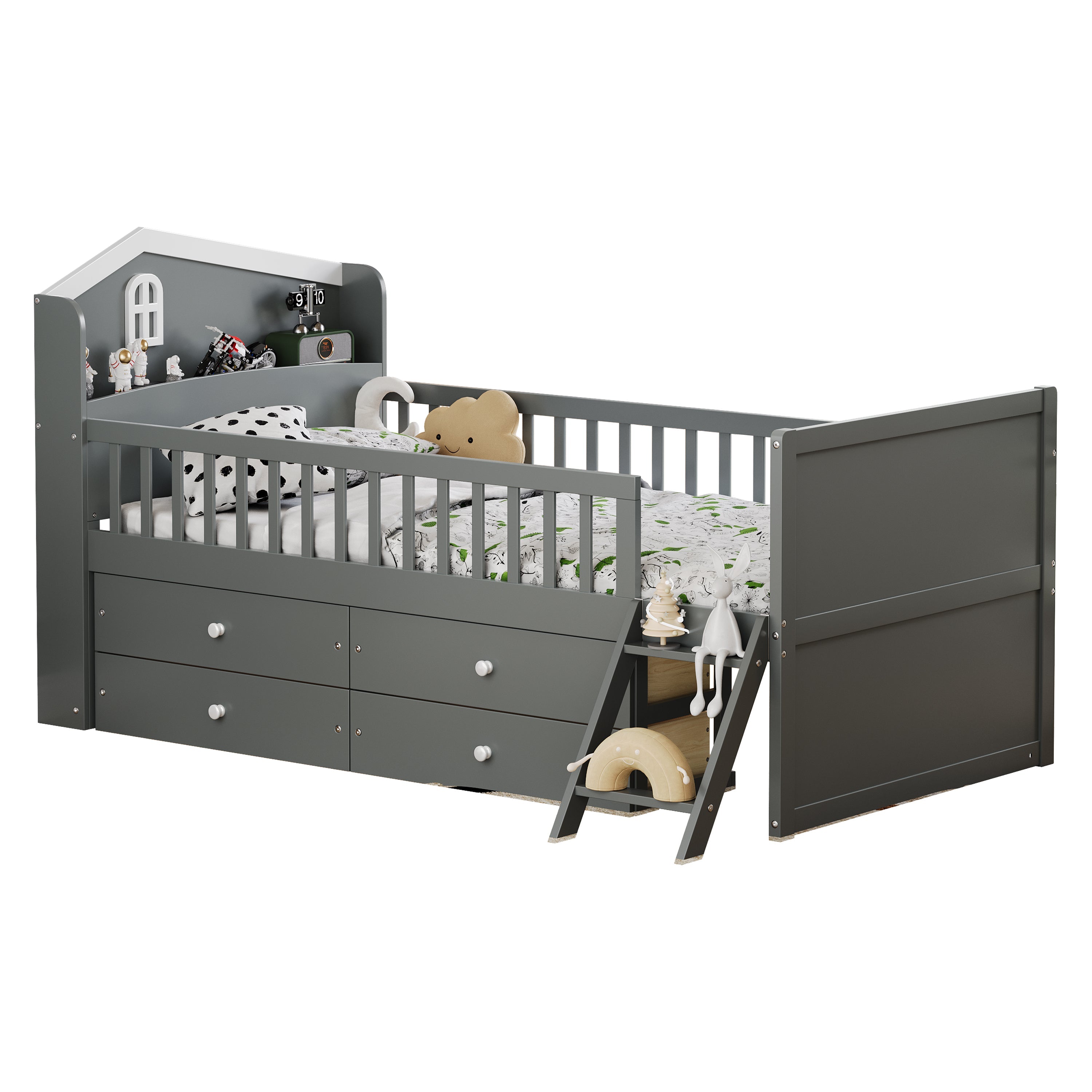 Twin Bed Frame with Storage 4 Drawers,Wooden Bed Frame for Kids,Platform Twin Size Bed with Guardrail Headboard and Ladder, No Box Spring Needed, Easy Assembly, Gray