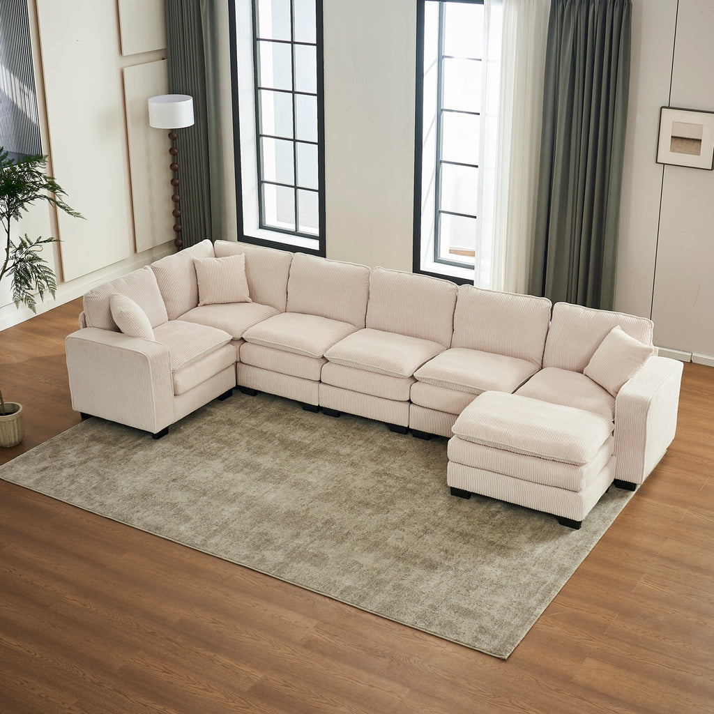 Modern U Shaped 6-seat Sectional Sofa Couch with one Ottoman and three toss pillows ,Modular Sofa for Living Room,Corduroy sofa