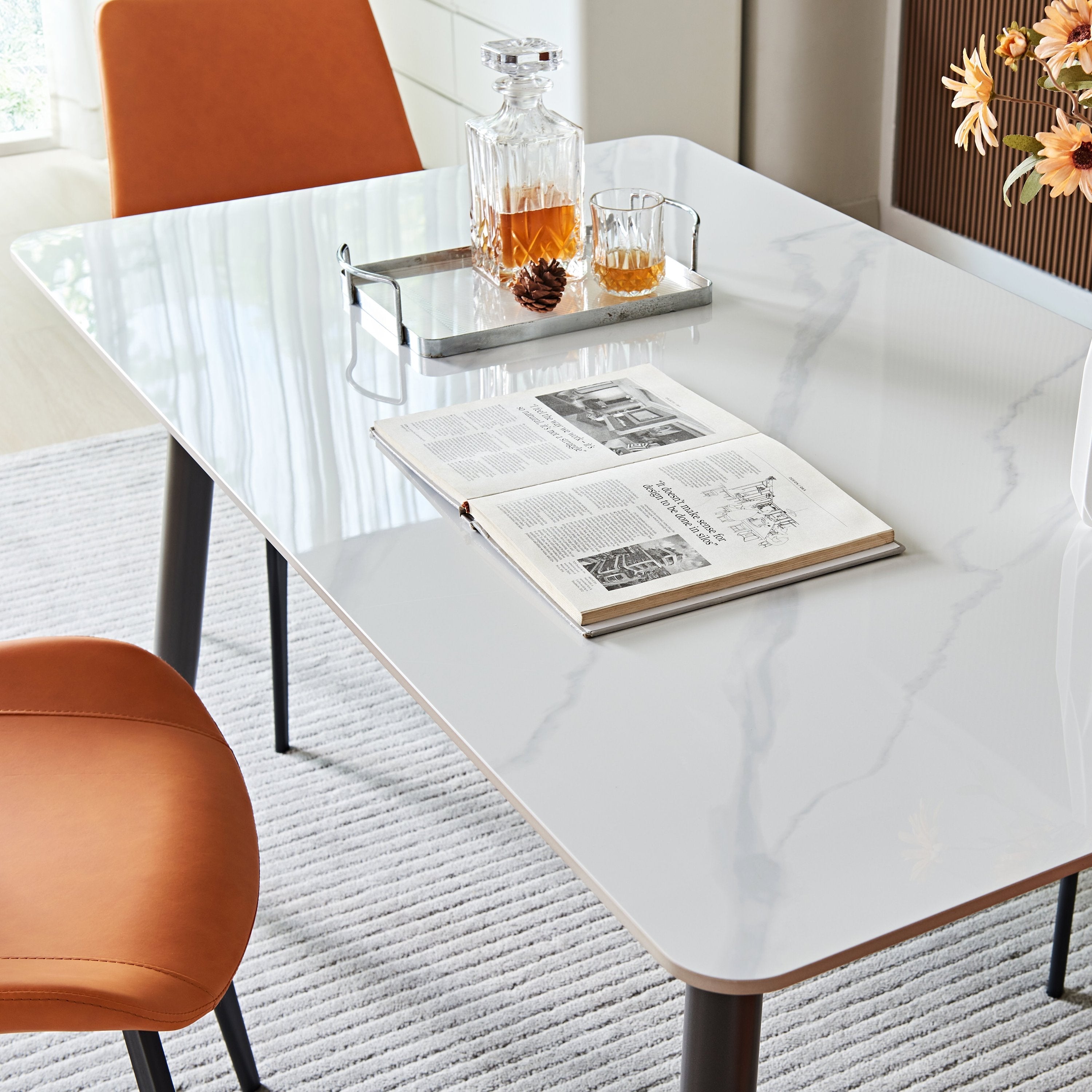 Large Rectangular Table with Strong Metal Base Modern Stone Dining Table For Kitchen 1.6m