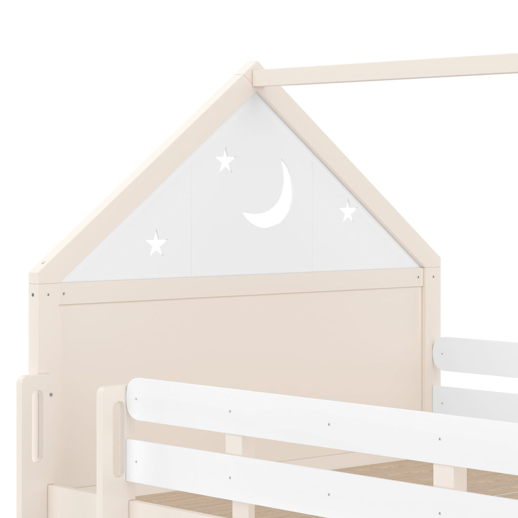 Full Size Loft Bed with Bookshelf Playful Design for Kids House-Shaped Structure with Slide High-Quality Safety Rails,Beige