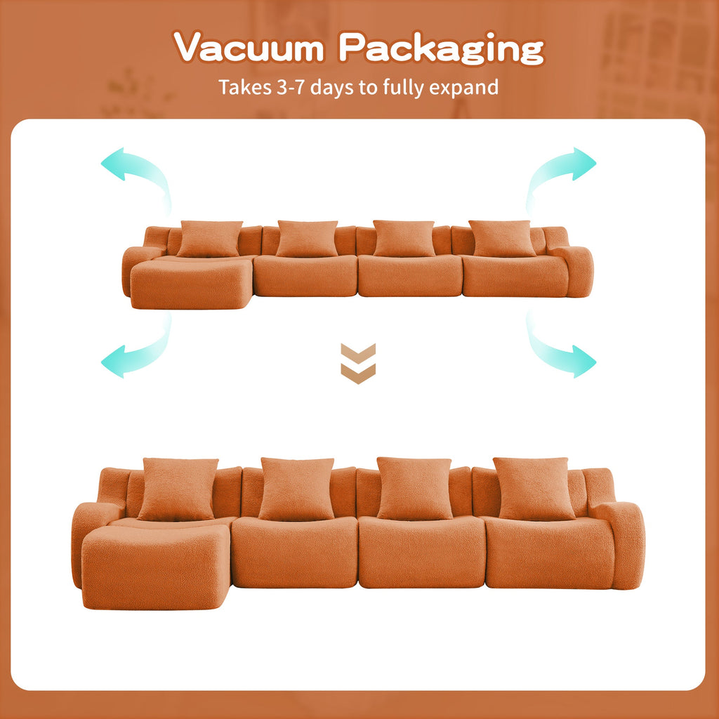 U-Shaped Boneless Sofa,Teddy Fabric No assembly required Curved armrest,Anti-slip Design,Streamlined Design 32D High Density Sponge,Full Compression Vacuum Packag,For Studies living Rooms,Orange