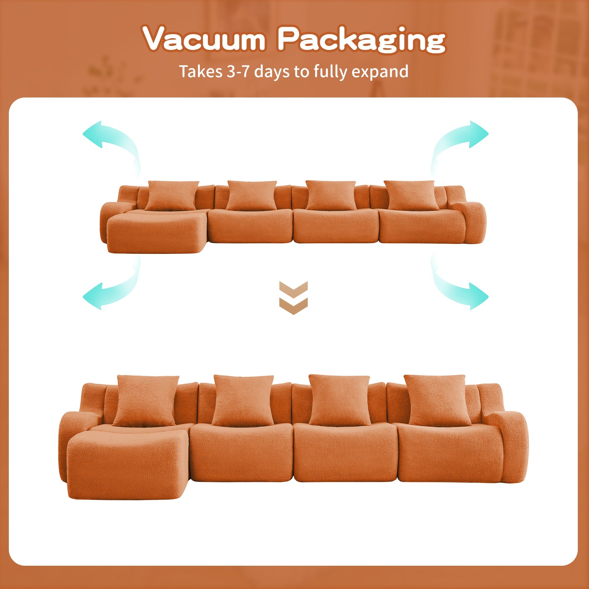 U-Shaped Boneless Sofa,Teddy Fabric No assembly required Curved armrest,Anti-slip Design,Streamlined Design 32D High Density Sponge,Full Compression Vacuum Packag,For Studies living Rooms,Orange