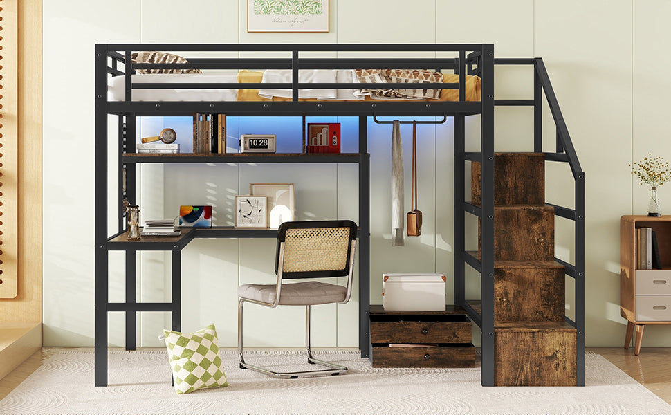 Full Size Loft Bed with LED Light & Charge Station, Metal Loft Bed with Desk and Staircase, Loft bed with Wardrobe for Kids, Black (Expect Arrival Date 2025/4/30)