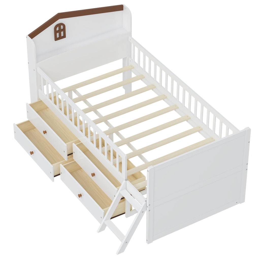 Twin Bed Frame with Storage 4 Drawers,Wooden Bed Frame for Kids,Platform Twin Size Bed with Guardrail Headboard and Ladder, No Box Spring Needed, Easy Assembly, White