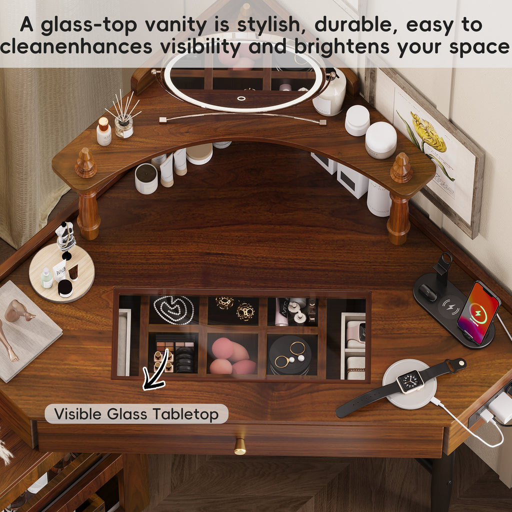 Corner Vanity Desk Set with Storage Cushioned Stool and Charging Station, Triangle Makeup Desk with Removable Pull-Out Side Cabinet, Glass Tabletop Makeup Vanity Desk with Drawer and Shelf, Walnut