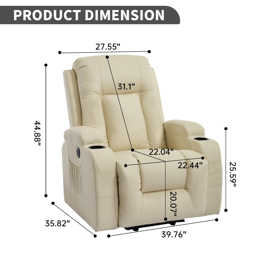 Beige PU Infinite Position Up to 350 LBS Power Lift Recliner Chair for Elderly, Heavy Duty Motion Mechanism with 8-Point Vibration Massage and Lumbar Heating, USB Charging Port, Cup Holders