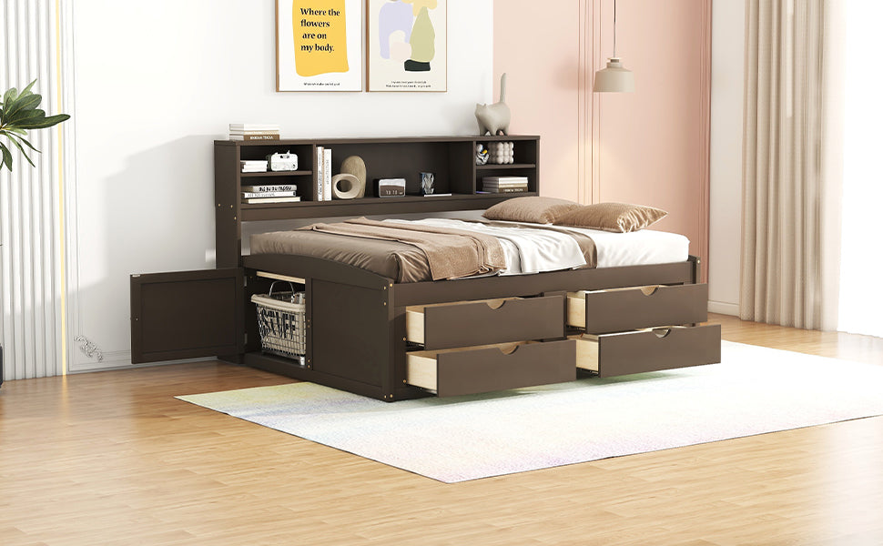 Full Size Wood Daybed with 2 Bedside Cabinets, Upper Shelves and 4 Drawers, Antique Brown